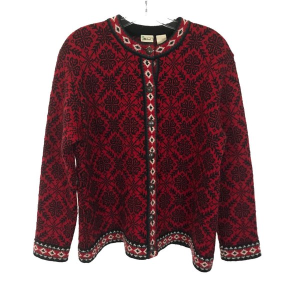 L.L. Bean Sweaters - Womens Size Large LL Bean Red Black Vintage Fair Isle Snowflake Knit Sweater